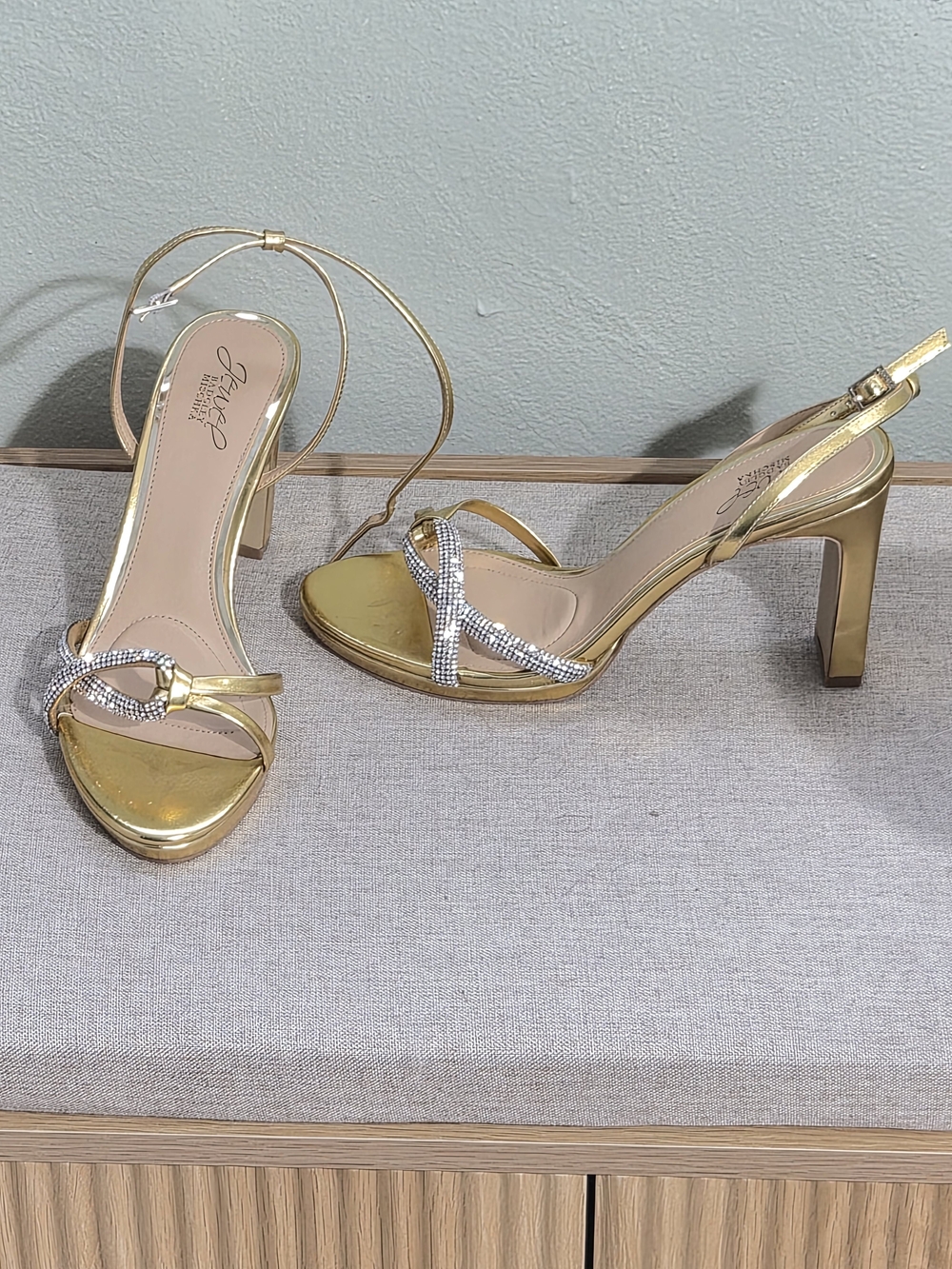 Badgley Mischka Gold Metallic Rhinestone Strappy Block Heel Sandals